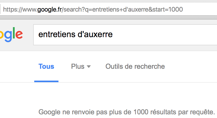 L'interdiction de consulter les réponses de rang supérieur à 1000. Recherche plusieurs fois réalisée en décembre 2015.