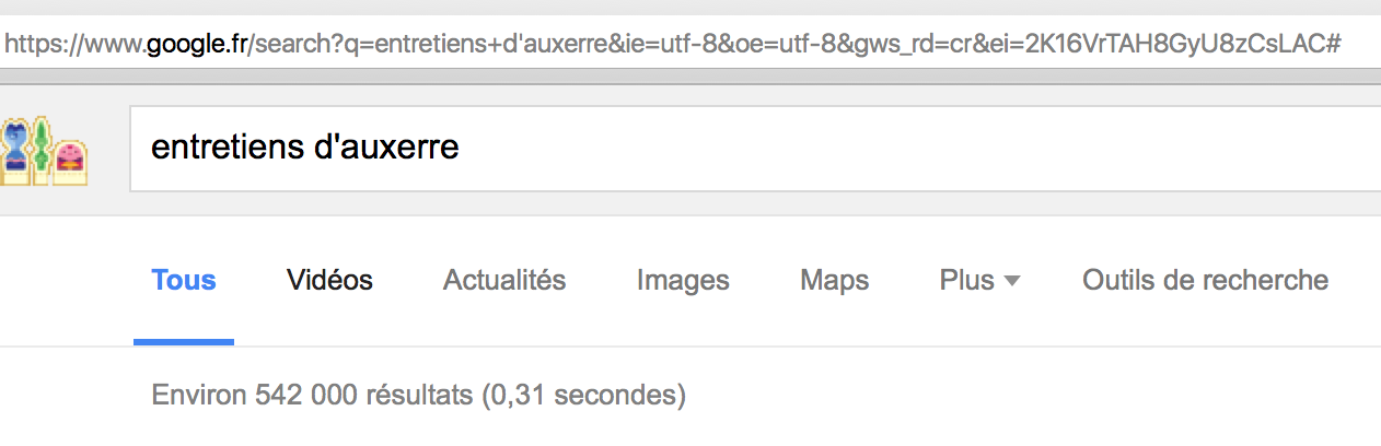 La réponse optimiste de Google à la requête Entretiens d'Auxerre: 542 000 résultats. Recherche réalisée en décembre 2015.